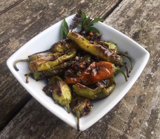 Blistered Shishito Peppers with Soy Garlic and Ginger Sauce